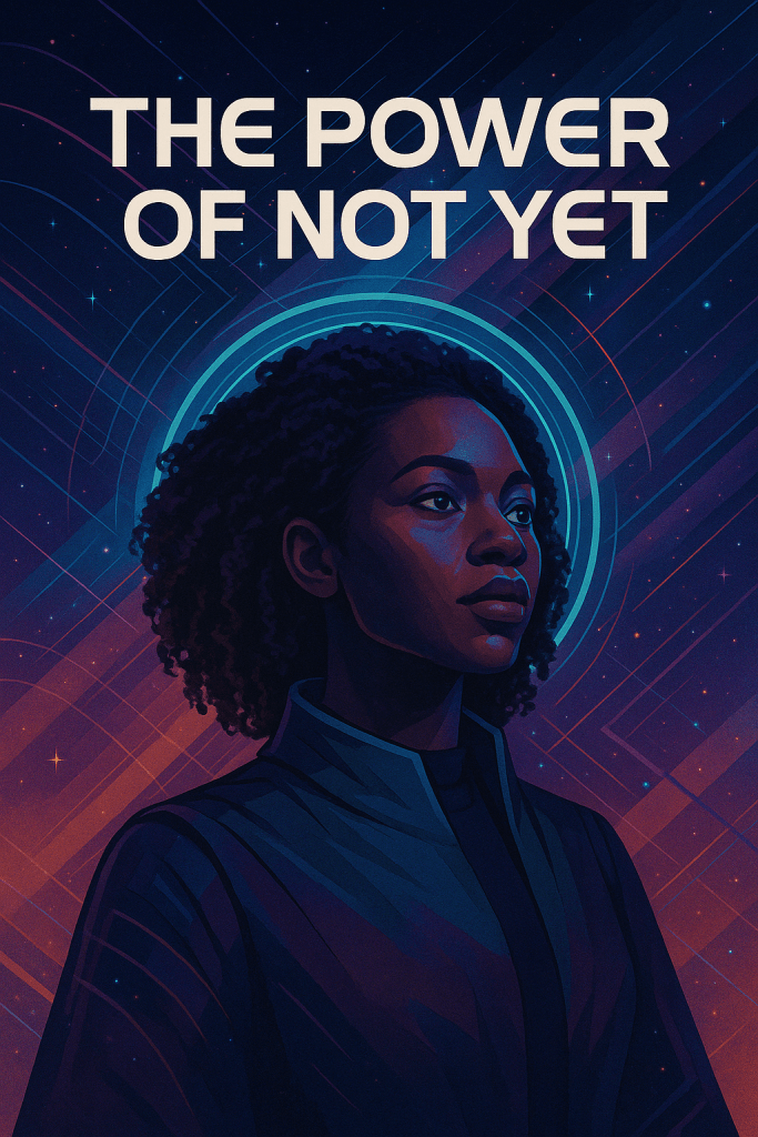 A digital illustration of a woman looking thoughtfully into the distance, set against a cosmic background with vibrant colors. The text 'THE POWER OF NOT YET' is displayed prominently above her.