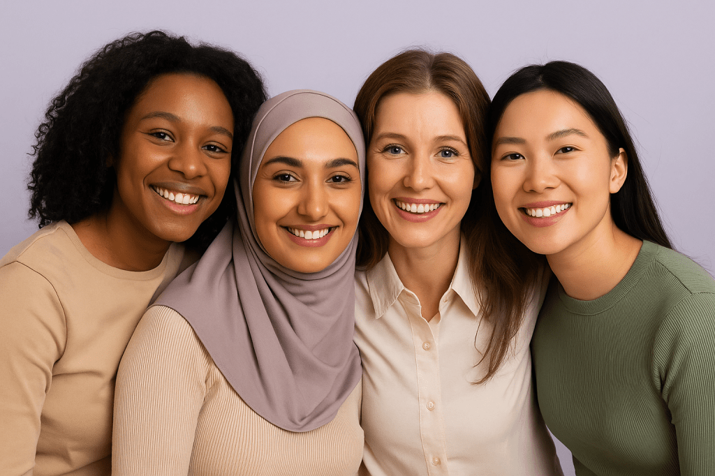 Four women smiling together against a light purple background, expressing joy and friendship.